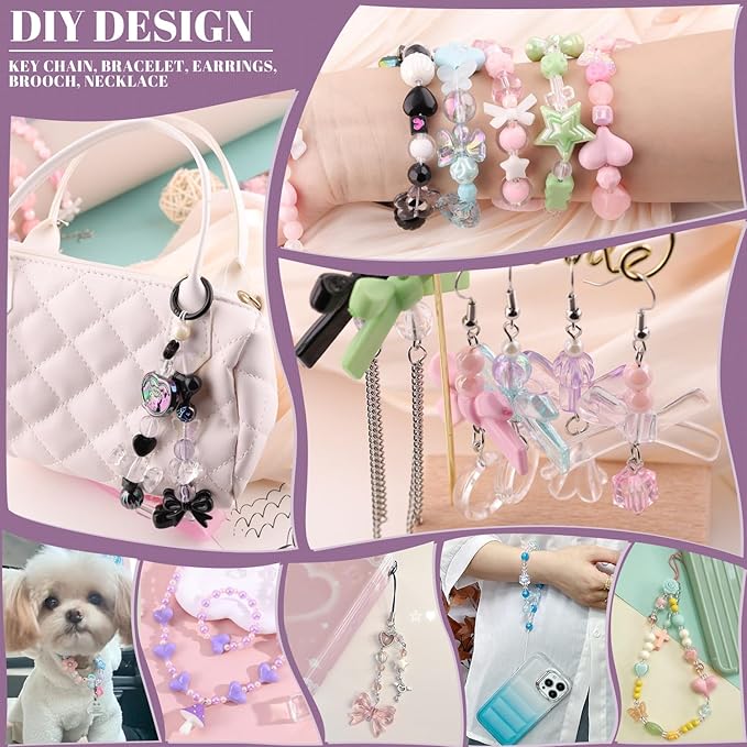 200-260pcs tinkrstuff assorted blue acrylic beads for bracelet making, cute beads for jewelry making flower bow butterfly candy gummybear aesthetic bracelet charms, diy necklace keychain phone charm