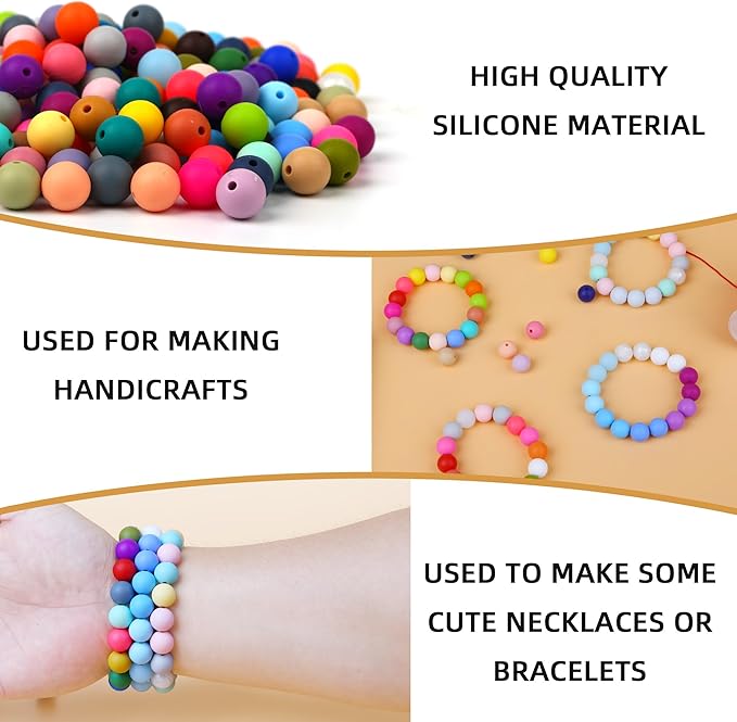 300pcs Silicone Beads for Keychain Making Kit 60 Colors Focal Rubber Round Mixed Color Silicone Beads Bulk for Pens, DIY Keychain,Necklace Bracelet Making Kit, Jewelry,Art Crafts