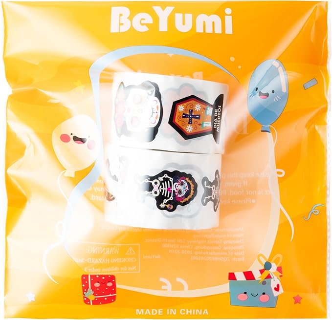 beyumi sugar skull roll stickers - 1000pcs day of the dead stickers in 2 rolls dia de los muertos sugar skull decals for kids halloween mexican festival party supplies classroom guitar bottle decor