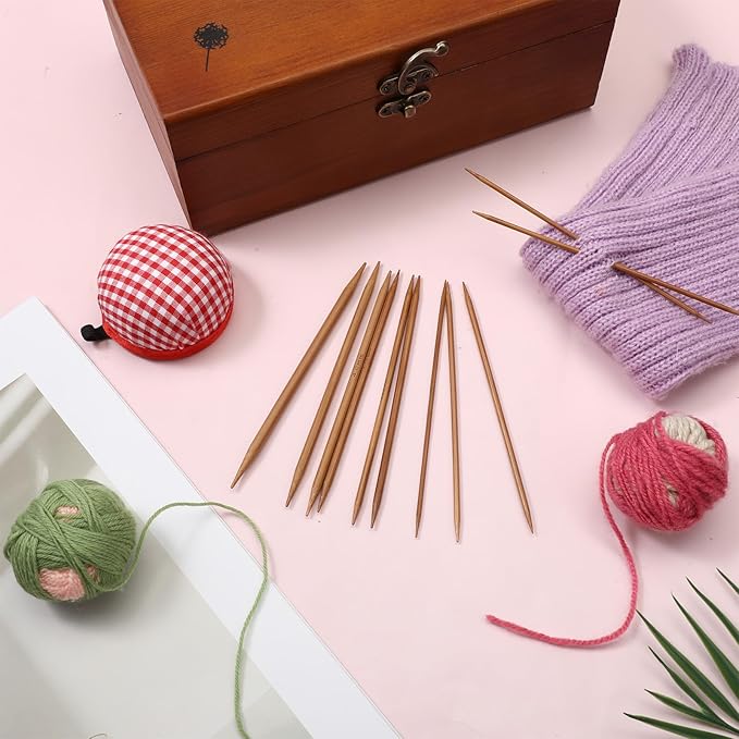55 PCS Double Pointed Knitting Needles Set, 11 Sizes Wooden Bamboo Knitting Needles Kit, 13cm/5.1in Wood Straight Crochet Needle for Beginners Making Sweater Scarf Sock Shawl Weave