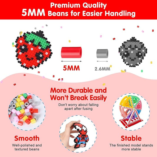Fuse Beads Kit for Kids: 10000PC Melty Beads Set, 5MM Iron Melting Beads Craft Kit with 8 Pegboards,5 Ironing Paper and Accessories, Arts and Crafts Set Toys Gifts for Boys Girls Christmas Birthday