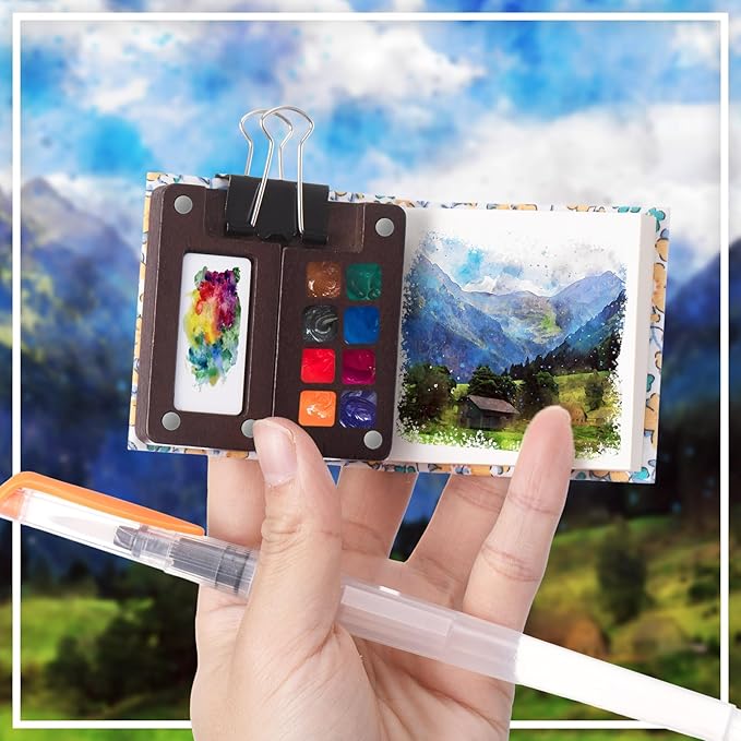 Qilery Mini Portable Watercolor Palette Set Wooden Grid Paint Box Watercolor Paper Sketch Book Brush Pens with Binder Clip for Painters Artist Not Include Paint(Sunflower)