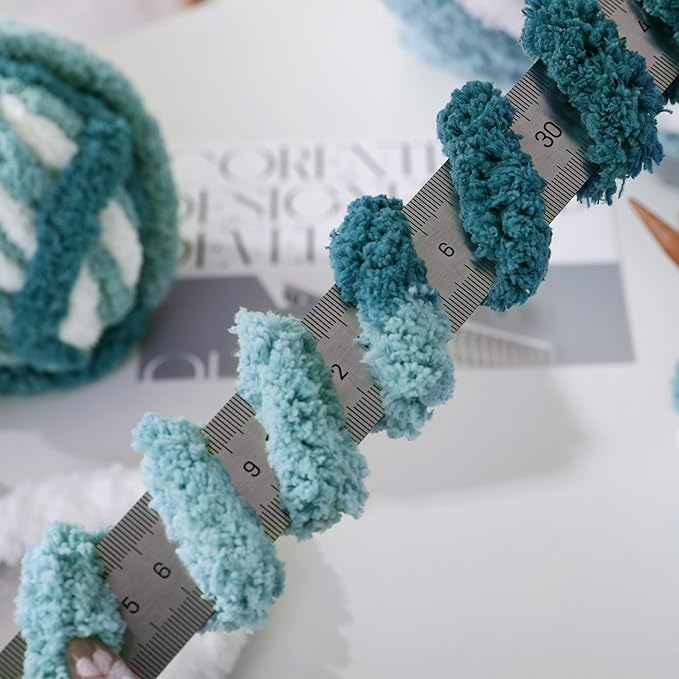 HOMBYS Chunky Tie Dye Mix Chenille Yarn for Hand Knitting, Super Bulky Jumbo Yarn for Crocheting, 3/4" Thick Soft Plush Yarn for Blankets, 8 Skein Pack (26 yds / 7.5 oz Each) Blue Multi,White