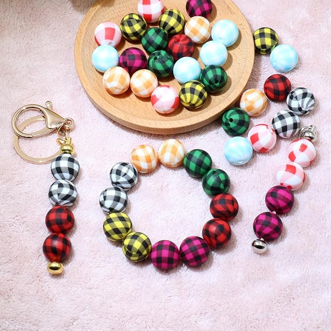 48Pcs 15mm Plaid Silicone Beads Bulk Flower Focal Silicone Beads for Keychain Making Necklace Jewelry DIY Bracelet Making Kit