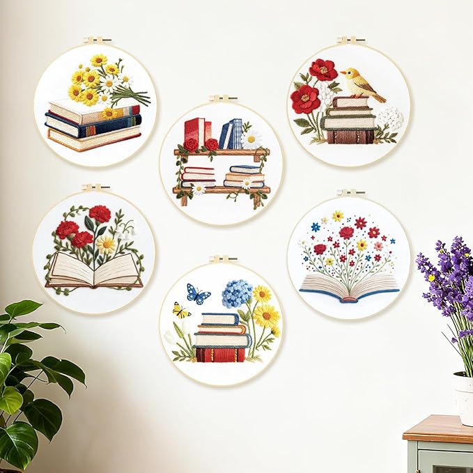 BEUNITONE Books Flowers Embroidery Kit, 6PC Literary Themed Cross Stitch Set for Book Lovers, Reading Hobby DIY Craft, Unique Home Decor Gift Idea