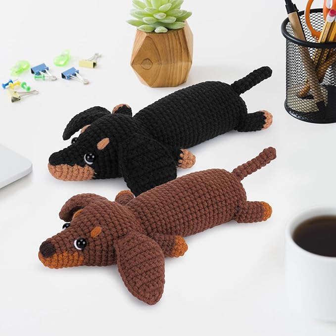 crochet kit for beginners - 2 pcs dachshund crochet kits with step-by-step video tutorials, beginner crochet kit for adults, crochet animal kit, dog craft knitting kit crochet gifts valentine's day
