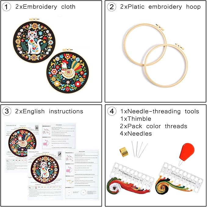 Animals Hand Embroidery Kits for Beginners Adults, Flowers Cat Embroidery Starter Kits, Cross Stitch Kits for Beginners Needlepoint DIY Kits for Adults, 2 Embroidery Hoops【Full-length Video Tutorial】