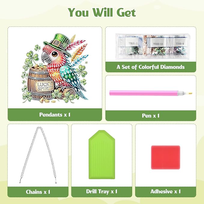 GHHKUD Macaw Diamond Art Hanging Kit for Adults, DIY Double Sided Diamond Painting Hanging St.Patrick's Day, Special Shaped Acrylic Ornaments Pendants for Window Home Garden Wall