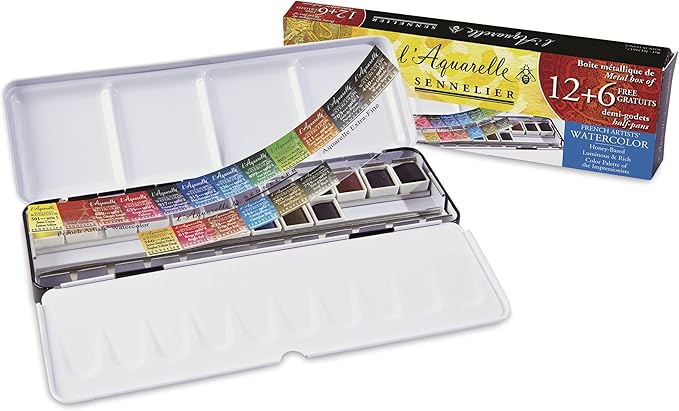Sennelier French Artists' Watercolors - Set of 12 Plus 6 Free, Metal Case, Half Pans