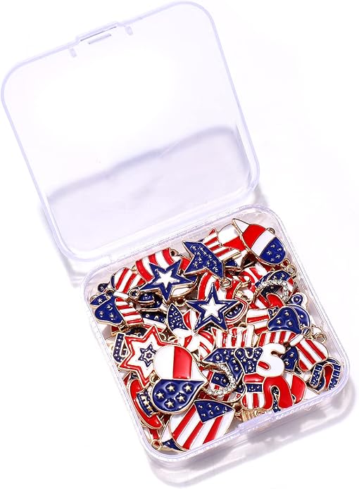 60PCS Patriotic Charms 4th of July Pendants for Jewelry Making Independence Day American Flag Heart Star Charms for Necklace Earring Bracelet Making Holiday Decorations
