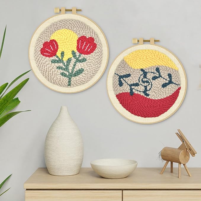 ERKOON Punch Needle Kit Adults Beginners, 2 Pcs DIY Easy Floral Embroidery Set for Starter Art Craft, Needling Punching Project with Patterns, Tools, Yarns, Hoop, Instruction (Rose)