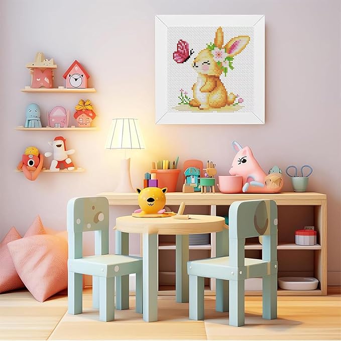 VIGEGU Rabbit Cross Stitch Kits for Beginners,Stamped Cross Stitch for Adults with Framed,Crafts for Girls 8-12 Embroidery Kit Partial 11CT Cross-Stitch Arts and Crafts for Adults 6.7x6.7inch