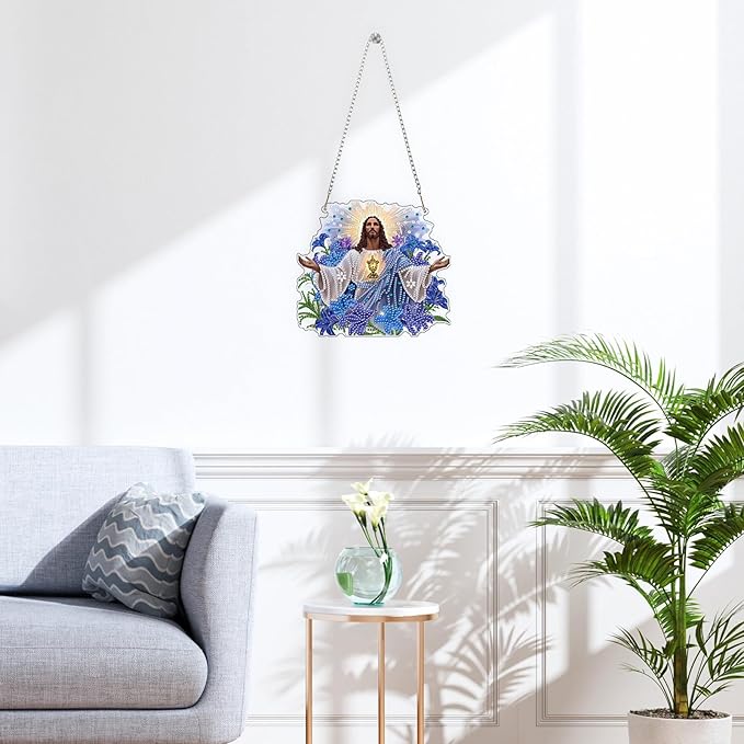 QENSPE Jesus Hanging Diamond Art with Chain, 5D Special Shape Flowers Diamond Paingting Ornaments Kits, Easy DIY Crystal Pendant Gem Art for Home Garden Wall Decor 8X8 inch