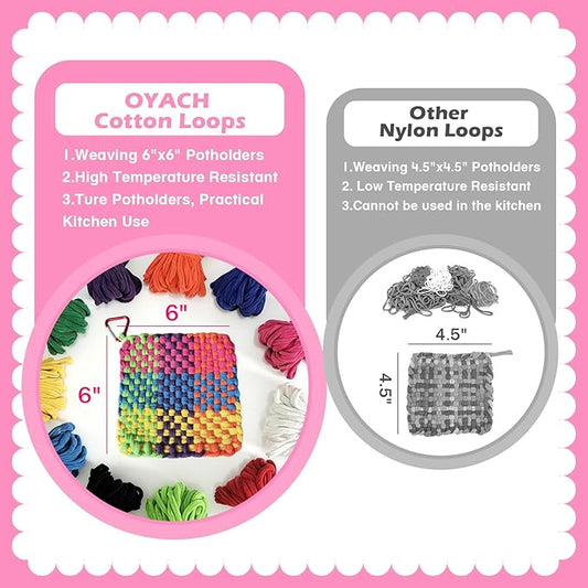 OYACH 440pcs 7inch Cotton Potholder Weaving Loom Refill Loops,11 Colors Rainbow Loops Bands,Pot Holder Loom Loops Pack with Hooks for Kids Adults DIY Crafts,12pcs Cotton Potholders(Loom not Included)