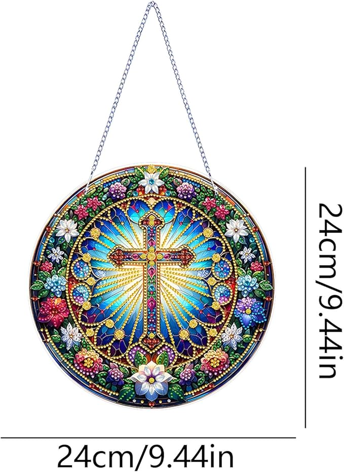 DIY Acrylic Diamond Art Painting Wreath Kits Special Shaped Rhinestone 5D Diamond Art Window Pendants Home Garden Wall Hanging Kits Hanging Ornament (Cross-2)