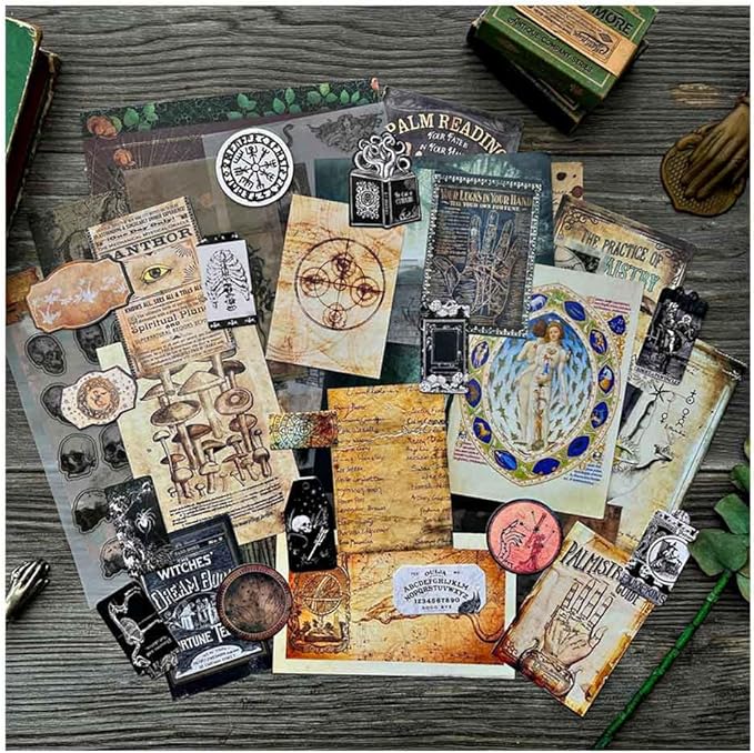 Dark Academia Junk Journal Supplies, Vintage Skull Decoupage Paper for Scrapbook Kit, 45pcs Astrology Ephemera for Junk Journals, Mushroom Plant Materials for Room Decor Wall Collage Kit