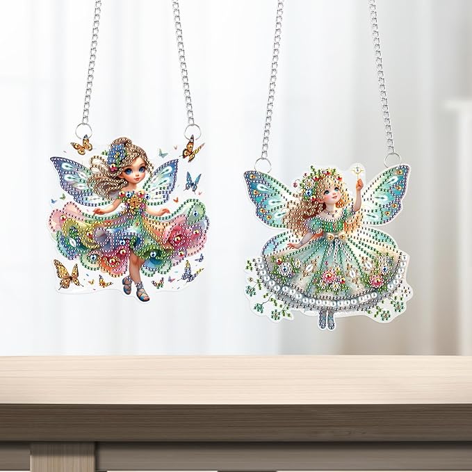 2 Pcs Diamond Painting Fairy Ornaments – DIY Acrylic Hanging Decorations with Chains, Cute Butterfly Flower Elf Girl Design for Home Decor, Gifts, and Crafts