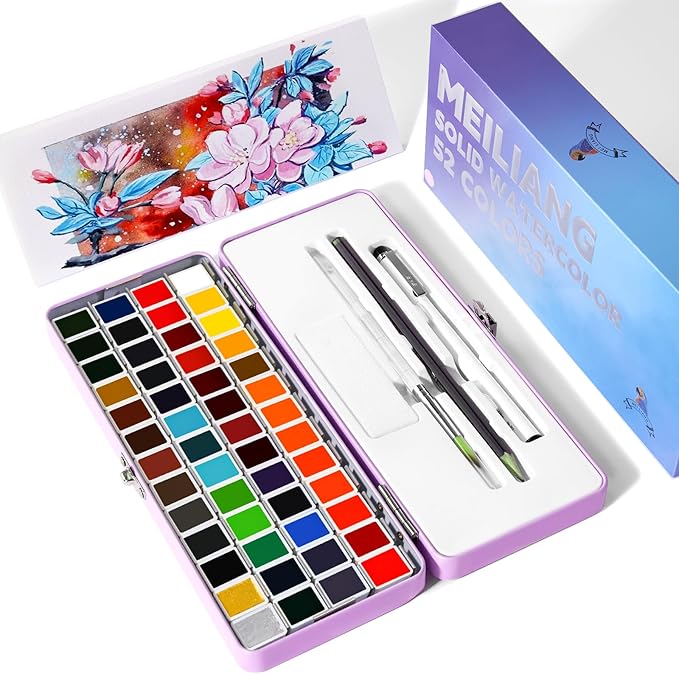 MeiLiang Watercolor Paint Set 52 Colors in Half Pans with Drawing Pencil, Paint Brushes, 5 Watercolor Paper, Sponge, Black Drawing Pens, Art Supplies for Adults Travel Watercolor & Purple Box