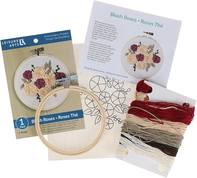 LEISURE ARTS Embroidery Kit 4" Blush Rose (French) - Embroidery Kit for Beginners and Adults, Cross Stitch Kits with Patterns, DIY Starter Set for Seasonal Craft Projects