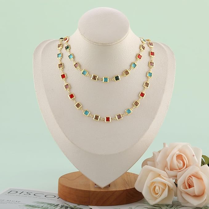 UMAOKANG 9.8 Feet 18K Gold Plated Brass Chains for Jewelry Making Colorful Square Rhinestone Jewelry Making Chain Decorative Craft Chain Roll