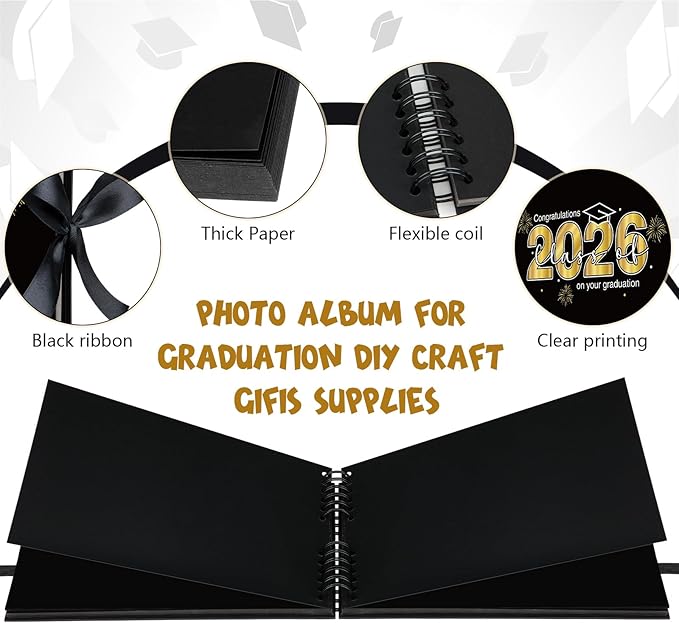 80 Pages Graduation Scrapbook Kit 11 x 8 Inch Photo Album of 2026 Graduation Decoration with 12 Metal Pens and 4 Sheets Stickers for DIY School Congrats Grad Memory Book to Sign(Black)