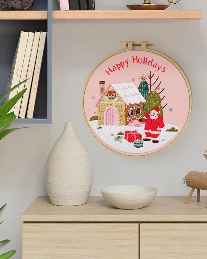 ERKOON Christmas Embroidery Kit for Beginners, Cross Stitch Set for Include Embroidery Cloth Hoops Threads for Craft Lover Hand Stitch with Embroidery Skill Techniques (Santa Claus)