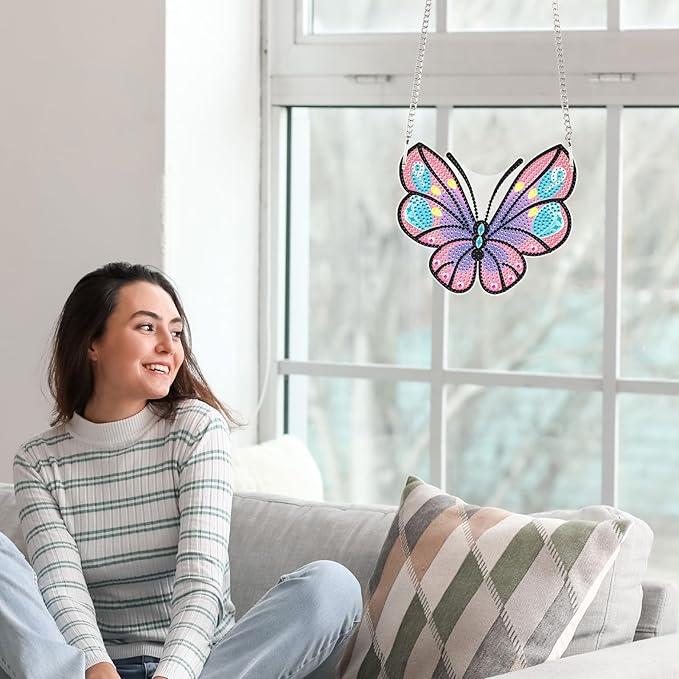 AiYuanzsh Cartoon Butterfly Diamond Painting Pendant Kit, 5D DIY Acrylic Special Shaped Rhinestones Diamond Art Hanging Ornament, Window Wall Door Decoration Craft Gift for Adults