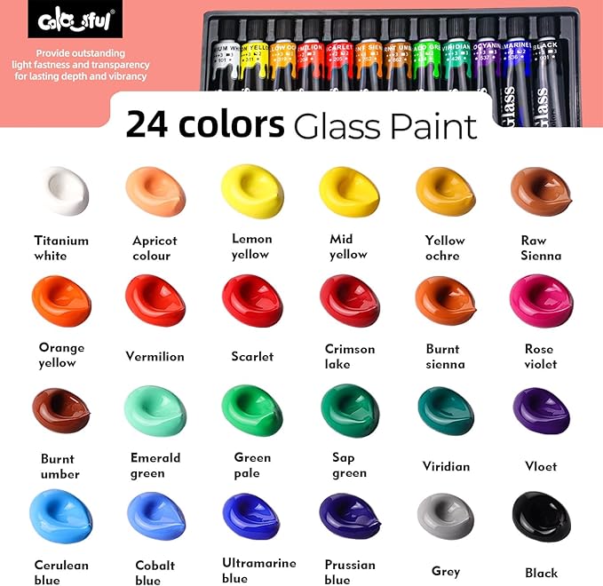 Colorful Stain Glass Paint Set with 6 Brushes, 1 Palette, 24 Color Waterproof Acrylic Enamel Painting Kit for Kids to Arts on Transparent Wine Glasses, Light Bulbs, Windows and Ceramics