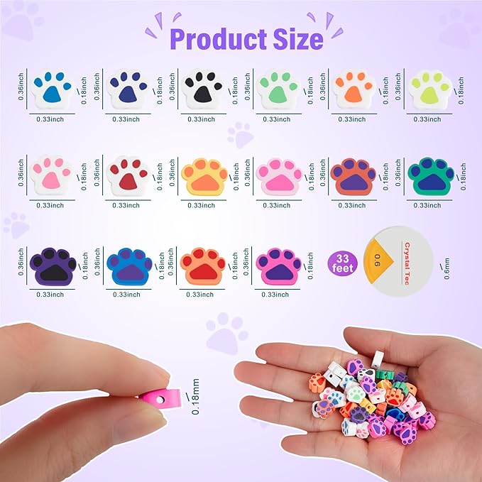 500 Pcs Cute Paw Print Polymer Clay Beads Charms for Crafts with Elastic String for Making Bracelet Necklace Craft Decoration DIY Crafts
