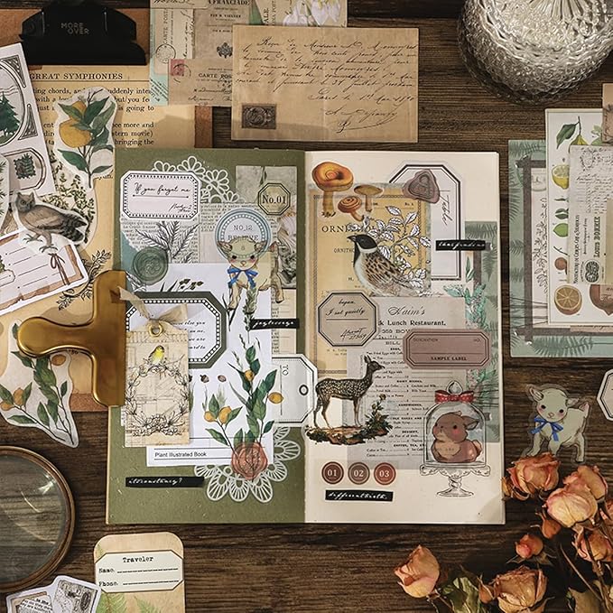 Vintage Scrapbook Supplies Pack for Adults, Decorative Nature Retro Paper Stickers Collection for Journal DIY Arts Crafts Album Bullet Journals Planners (Nature)