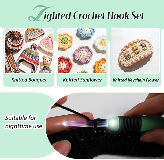 Yarniss Lighted Crochet Hook Set with Case,9 Sizes Crochet Hook Set Glow in Dark with Ergonomic Handles 2.5-6.5 mm,Green