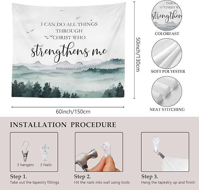 MNASAIOO Christian Mountian Wall Tapestry Hanging for Bedroom,Bible Verse I Can Do All The Things through Christ Who Strengthens Me Tapestry,Rustic Tapestries Wall Decor for Living Prayer Room 50x60in