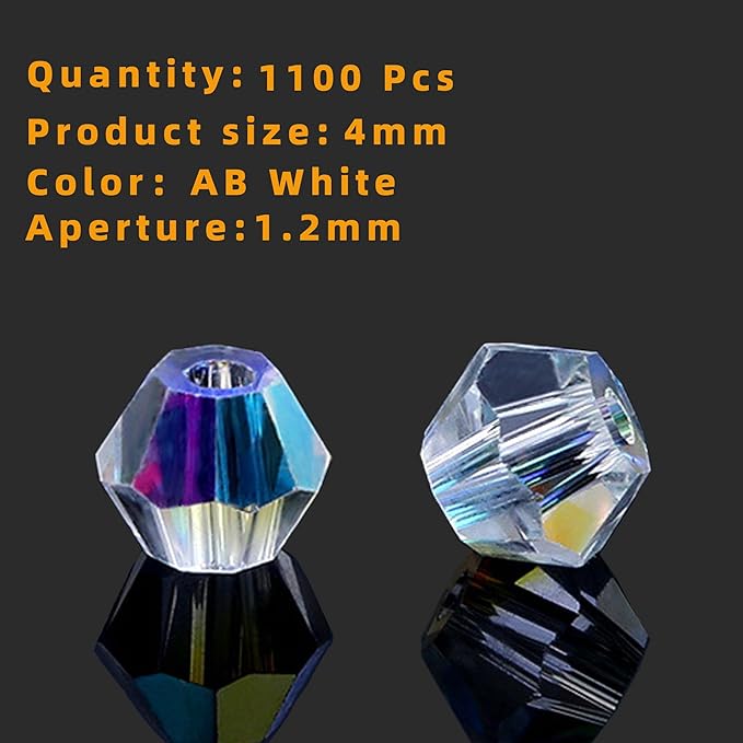 laopottbeads 1100pcs 4mm bicone crystal glass beads for jewelry making, sparkling mini beads for suncatchers, diy bracelets & craft projects (ab white)
