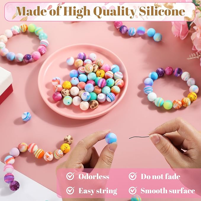 Ferreve 120 Pcs 15mm Silicone Beads Bulk Flower Silicone Beads Floral Print Rubber DIY Bracelet Making Kit for Keychain Making Pens Necklace Jewelry(Stylish)