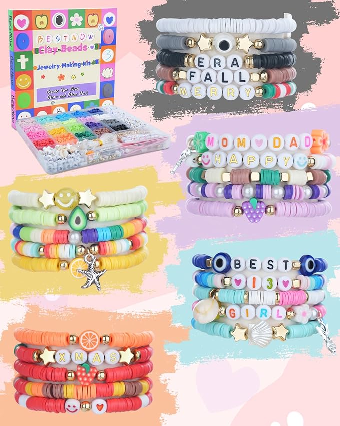 BestNow Clay Beads Bracelet Making Kit for Beginner 5000 Pcs Preppy Polymer Clay Beads with 3 types Letter beads Charms Kit for Jewelry Making DIY Arts and Crafts Birthday Gifts Toys for Kids Age 6-13
