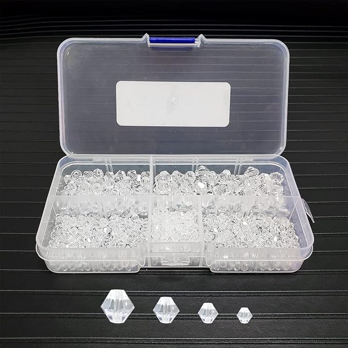 Clear White Bicone Glass Beads for Jewelry Making, Faceted Crytal Spacer Beads for Bracelet Necklace Earring (3mm 4mm 6mm 8mm Mixed Sizes, 1040pcs)