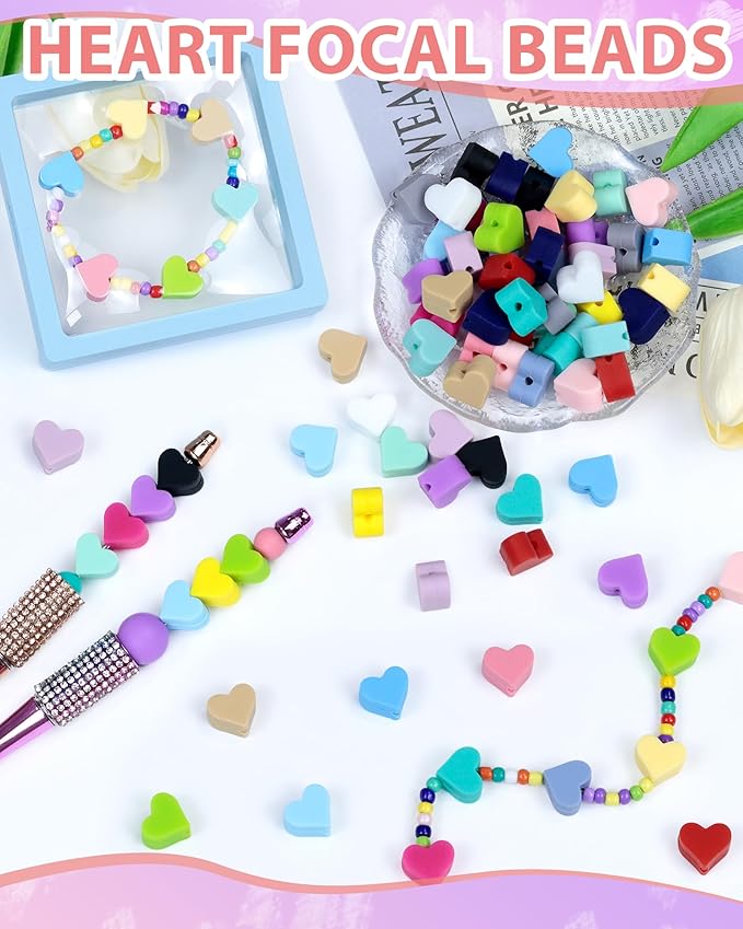 80PCS FIVEIZERO Focal Beads,Love Heart Bead,Heart-Shaped Valentine's Day Silicone Beads for Keychain, Pens and Bracelets Making, Silicone Focal Bead for DIY Crafting