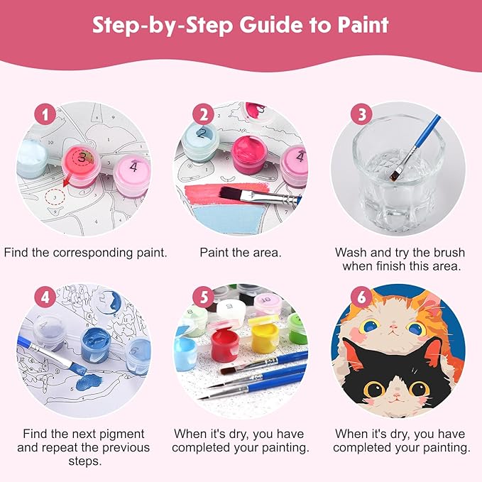 NEWENMO 4 Pack Paint by Numbers Kit for Kids Beginner with Wooden Frame, Cute Kawaii Sweet Cartoon Cat, Paint by Numbers Kit for Adults, Adorable Kitten, DIY Painting Kits for Home Wall Decor 8x8inch