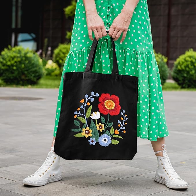 Louise Maelys Embroidery Kits Canvas Tote Bag for Beginners,Cross Stitch Kit for Adults,DIY Crafts and Arts Needlepoint with Florals Pattern,Women Shopping Reusable Grocery Bags