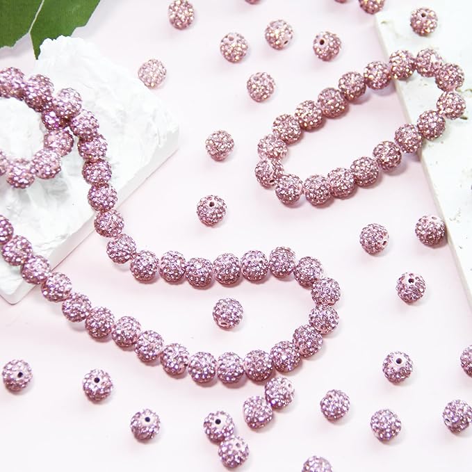 100 Pcs 10mm Rhinestone Beads for Jewelry Making, Pink Shiny Round Shamballa Disco Baseball Necklace Beads Sparkle Crystal Clay Pave Rhinestones Bead for DIY Bracelet Earring Craft Making Supplies