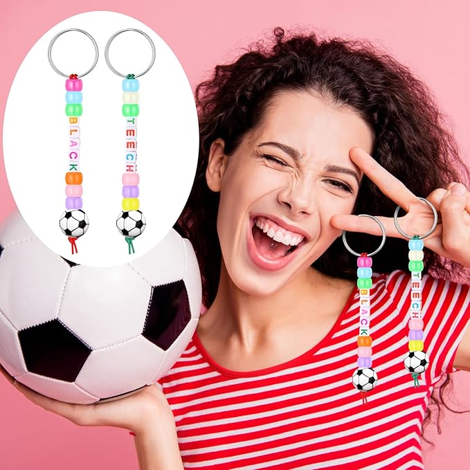 Landical 564 Pcs DIY Bead Keychain Kit Key Chain Making Craft Adjustable Letter Beads String Mama Sport Gift Alphabet Jewelry Backpack Accessories Holiday Party Favor (Soccer,Fun Color)