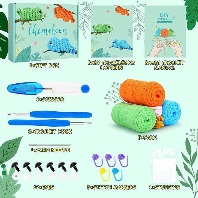 Fortuning's JDS Crochet Kit for Beginners - 3 PCS Baby Chameleon Crochet Kits with Step-by-Step Video Tutorials, Beginner Crochet Kit for Adults Kids, Chameleon Crocheting Set