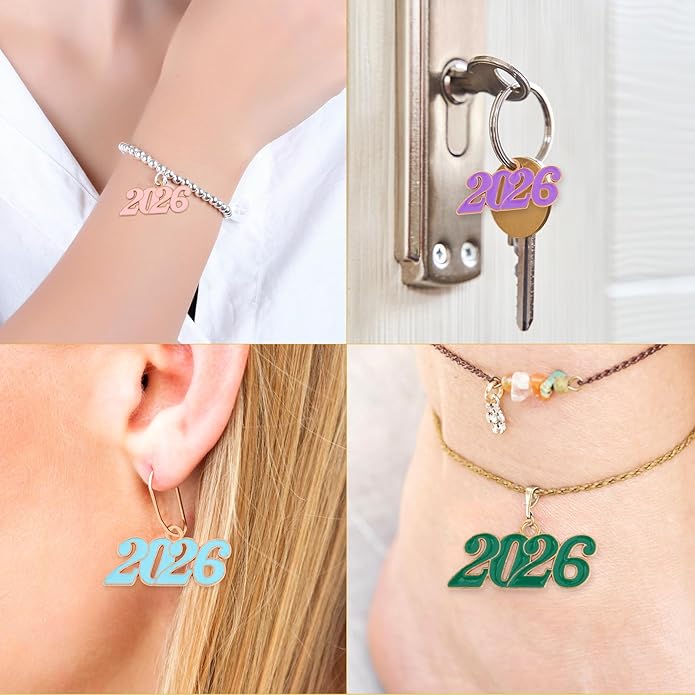 2026 Charms, 8 Colors Zinc Alloy 2026 Year Charms for Crafts New Year Graduation Tassel for Craft DIY Jewelry Making Party Decoration