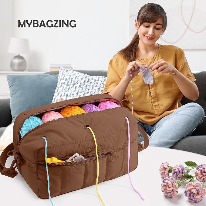 MYBAGZIGN Crochet Bag Organizer for Yarn & Hooks, Large Capacity Yarn Storage Bag with Yarn Holder Holes, Portable Crochet & Knitting Bag for Crocheting on The Go, Craft Travel Bag Gifts for Women