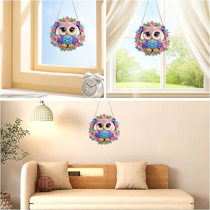 AIRDEA Hanging Diamond Painting Kits Owl,Special Shaped Diamond Art Kits for Beginner Bird and Wreath Gem Art Pendant Decor,7.87x7.87in