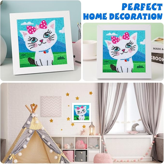 QEUOYSS Diamond Art Kit for Kids with Wooden Frame Art and Crafts for Kids Ages 6-8 -10-12 Easy to DIY Diamond Art for Kid and Adult Beginners Home Wall Decoration (Cat)