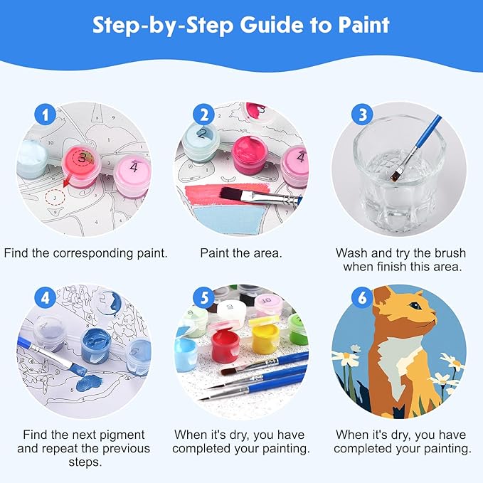 NEWENMO 4 Pack Paint by Number for Kids with Wooden Frame, Cute Rabbit, Cat, Dog Paint by Numbers for Kids Ages 8-12, Animal, DIY Acrylic Oil Painting for Beginners for Home Wall Decor 8X8 inch