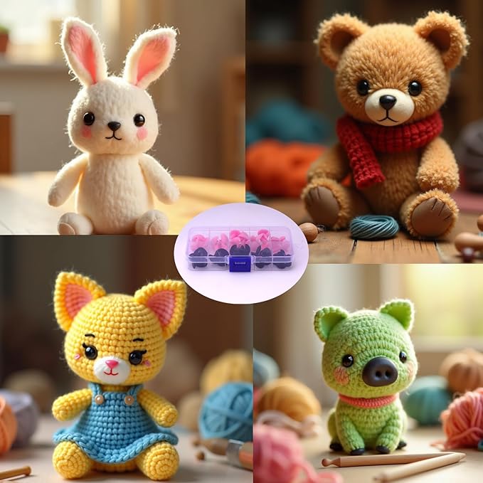 HeXueLy 48-Piece Fuzzy Safety Noses with Washers for Stuffed Animals, Crochet Toys and Amigurumi Dolls, Plush Soft Noses in Multiple Sizes for Teddy Bear and DIY Plush Making Kits