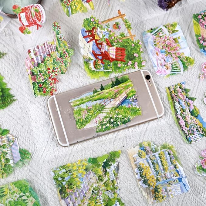 Large Spring Landscape PET Sticker Book for Journaling, 20 Sheets Transparent Pre-Cut Scenery Stickers for Scrapbooking Supplies, Collage Decorative, 9.25 x 6.58 inches