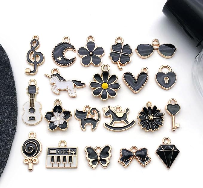 WOCRAFT 40pcs 20 pairs Assorted Enamel Bracelet Charms for Jewelry Making DIY Necklace Bracelet Earrings Keychain Crafting Charms Kit Crafts (Black-SN994)